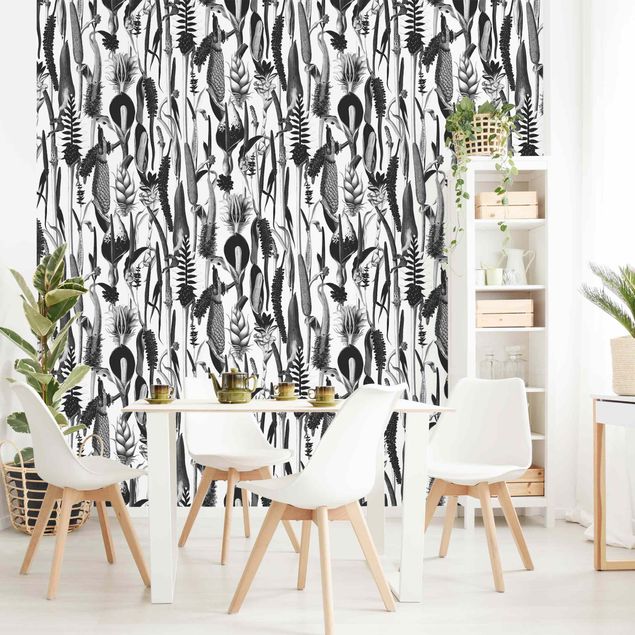 Wanddeko Flur Tropisches Luxus Muster Schwarz-Weiß