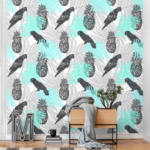 Wanddeko Wohnzimmer Tropisches Muster mit Ananas und Papageien Türkis