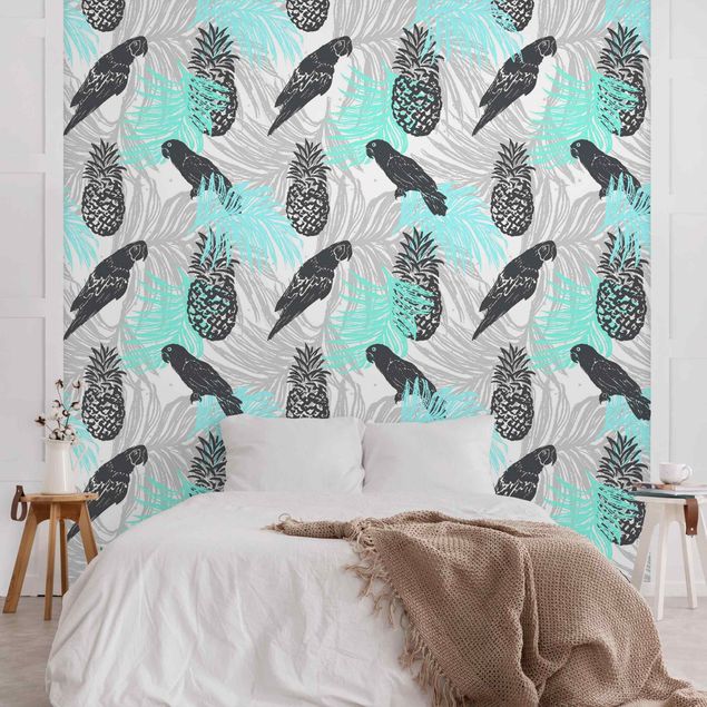 Wanddeko Schlafzimmer Tropisches Muster mit Ananas und Papageien Türkis