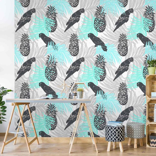 Wanddeko Flur Tropisches Muster mit Ananas und Papageien Türkis