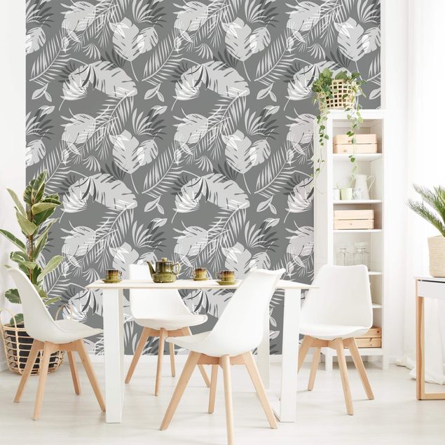 Wanddeko Wohnzimmer Tropisches Silhouetten Muster in Grau