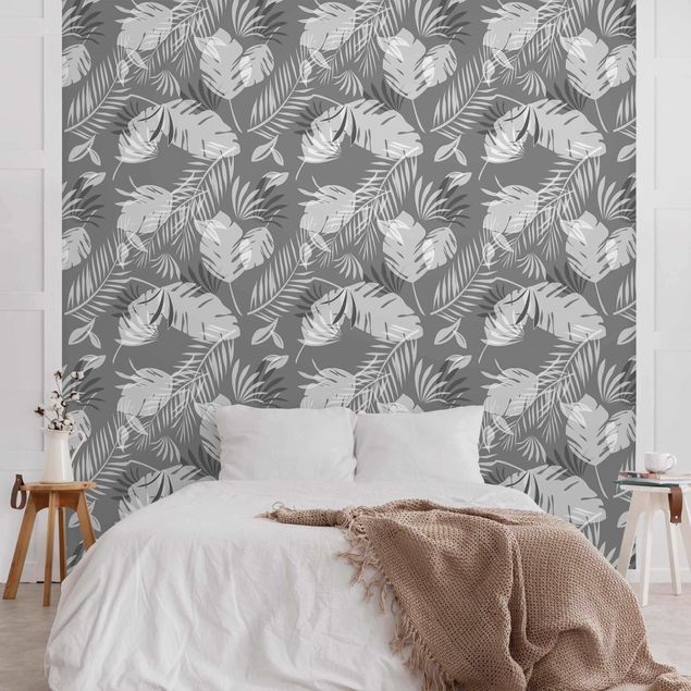 Wanddeko Flur Tropisches Silhouetten Muster in Grau