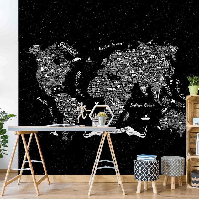 Wanddeko Schlafzimmer Typografie Weltkarte schwarz