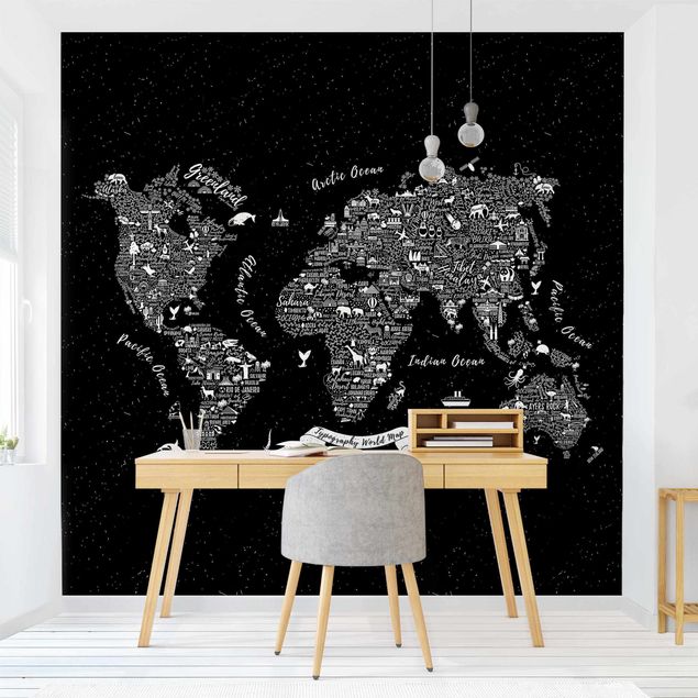 Wanddeko Flur Typografie Weltkarte schwarz