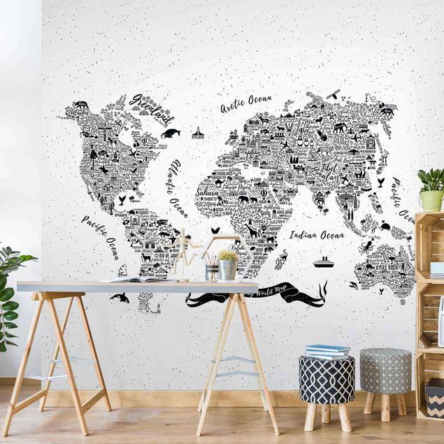 Wanddeko Flur Typografie Weltkarte weiß