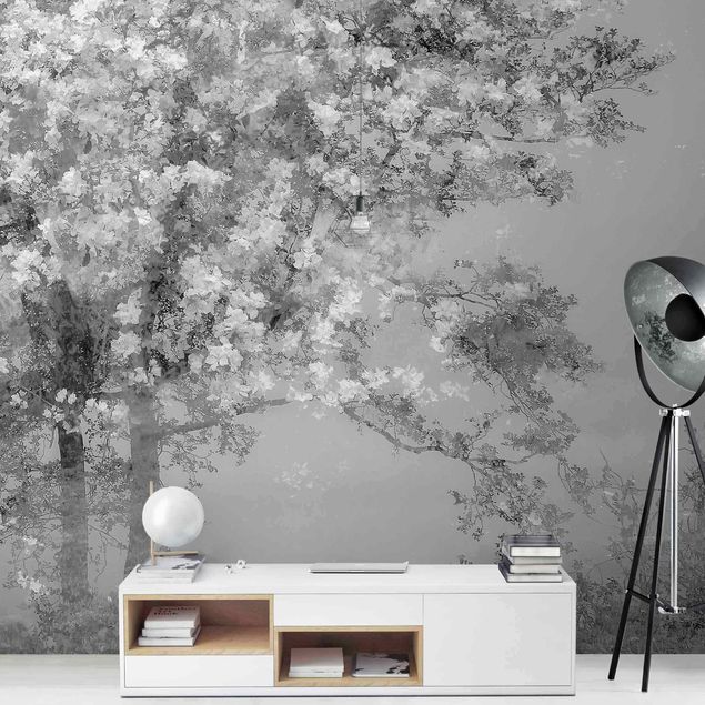 Wanddeko Schlafzimmer Verträumte Bäume in Schwarz-weiß