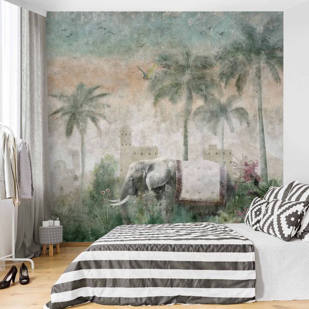 Wanddeko Wohnzimmer Vintage Dschungel Szene mit Elefant