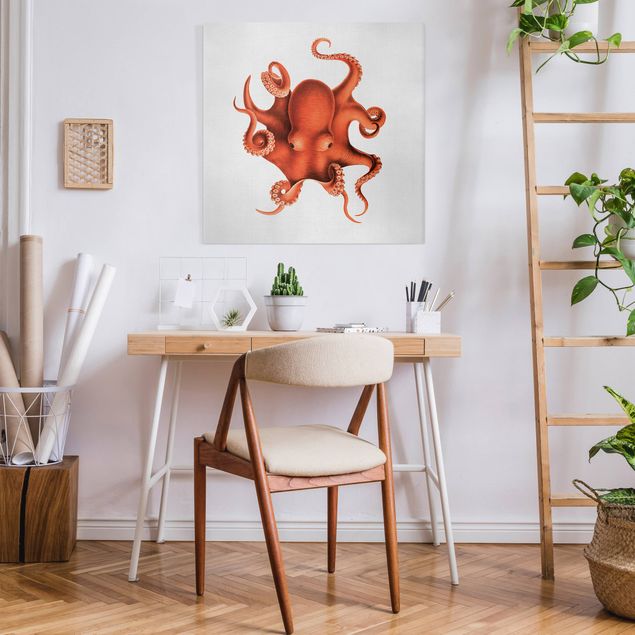 Wanddeko Wohnzimmer Vintage Illustration Roter Oktopus