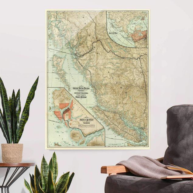 Wanddeko bunt Vintage Karte British Columbia