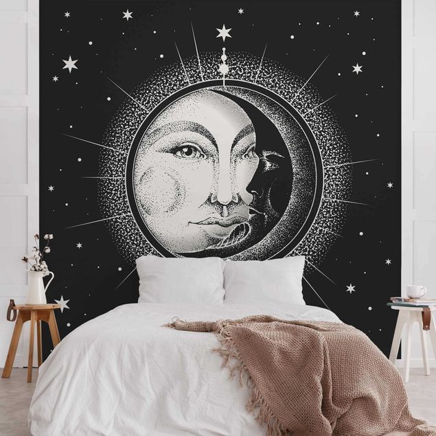 Wanddeko Wohnzimmer Vintage Sonne und Mond Illustration