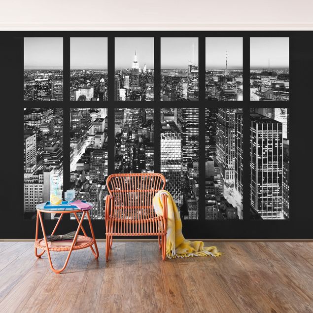 Fototapete New York Fensterblick Manhattan Skyline schwarz-weiß