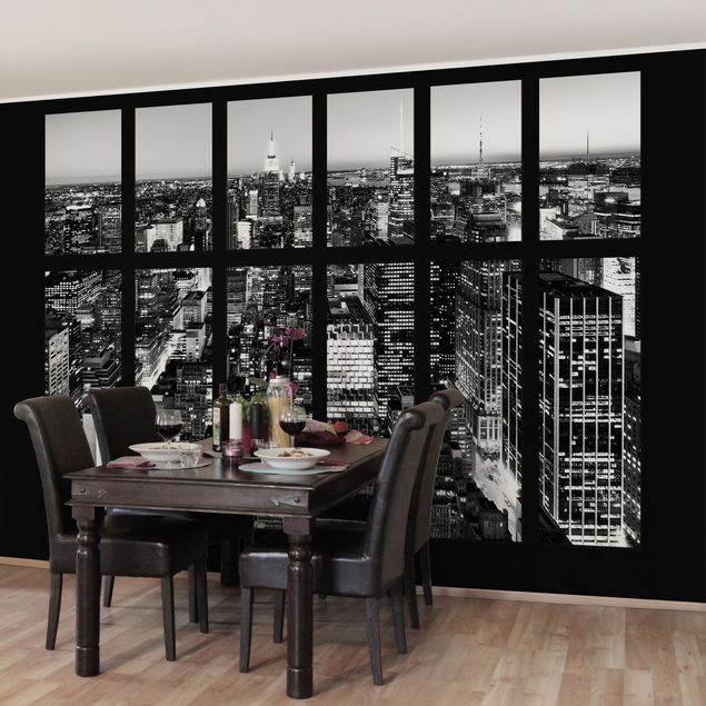 Wanddeko Wohnzimmer Fensterblick Manhattan Skyline schwarz-weiß