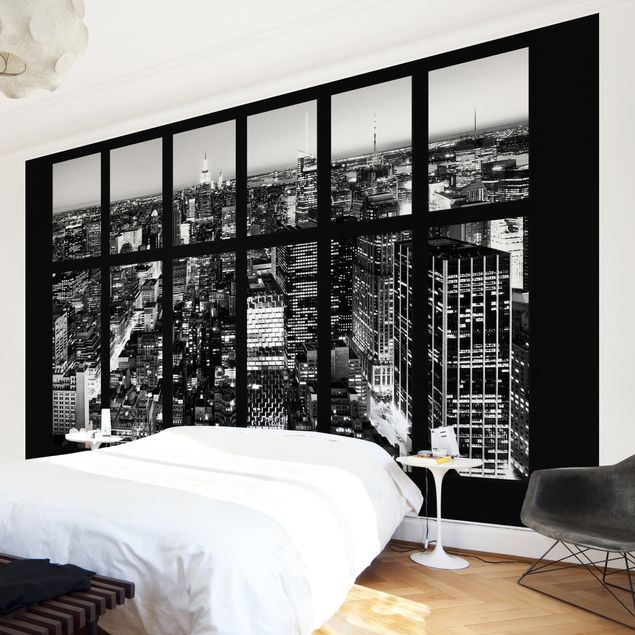Wanddeko Schlafzimmer Fensterblick Manhattan Skyline schwarz-weiß