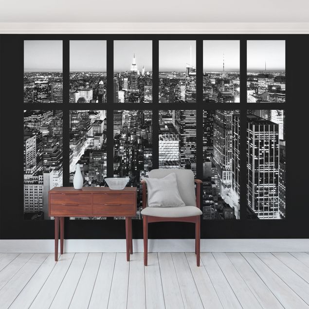 Wanddeko Flur Fensterblick Manhattan Skyline schwarz-weiß