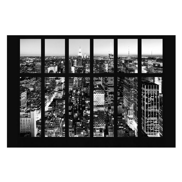 Wanddeko Esszimmer Fensterblick Manhattan Skyline schwarz-weiß