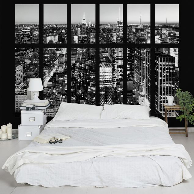 Wanddeko 3D Fensterblick Manhattan Skyline schwarz-weiß