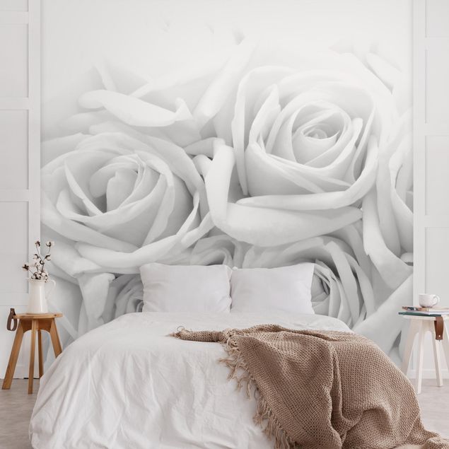 Wanddeko Flur Weiße Rosen Schwarz-Weiß