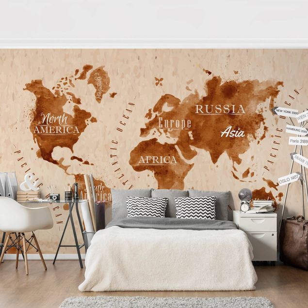 Wanddeko Wohnzimmer Weltkarte Aquarell beige braun