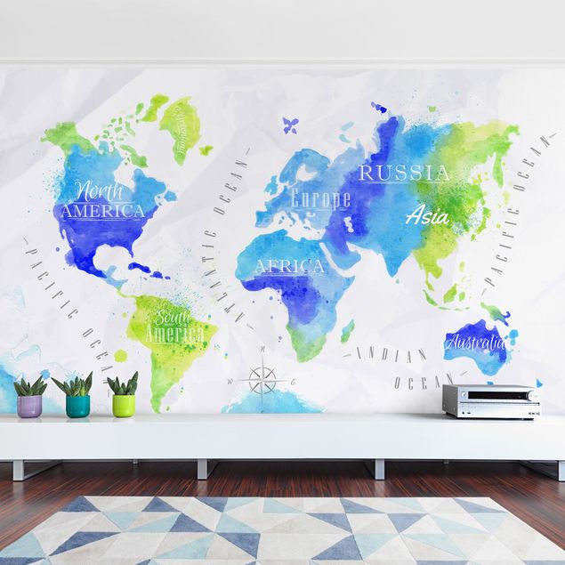 Wanddeko Schlafzimmer Weltkarte Aquarell blau grün