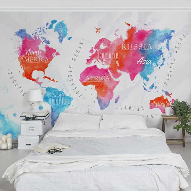 Wanddeko Wohnzimmer Weltkarte Aquarell rot blau