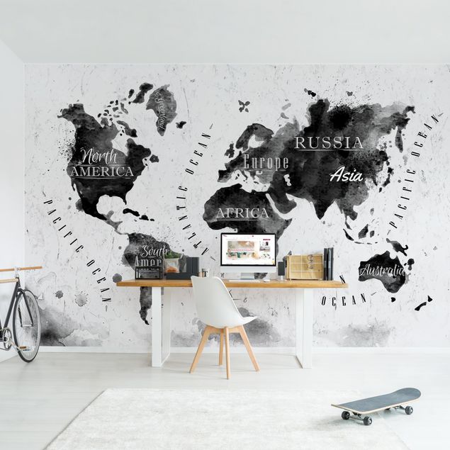 Wanddeko Wohnzimmer Weltkarte Aquarell schwarz