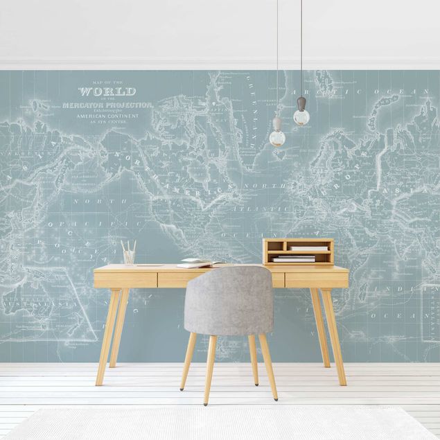 Wanddeko Wohnzimmer Weltkarte in Eisblau