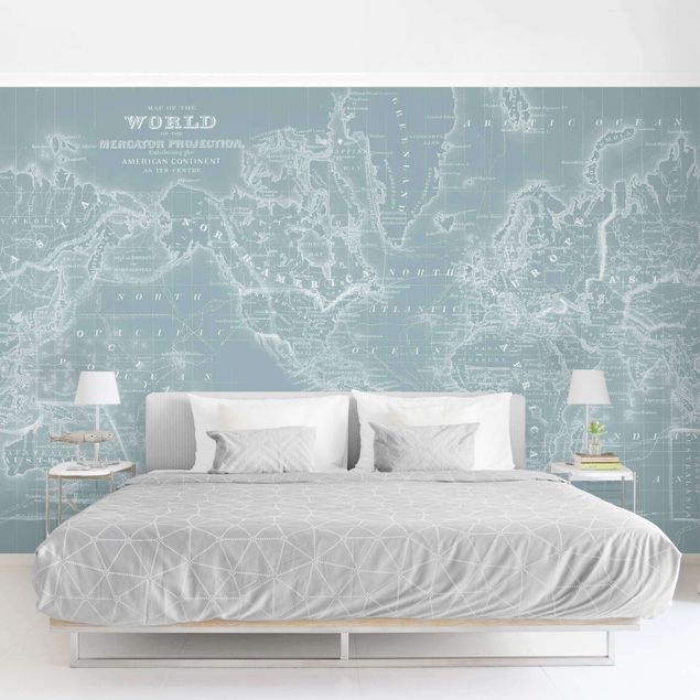 Wanddeko Schlafzimmer Weltkarte in Eisblau