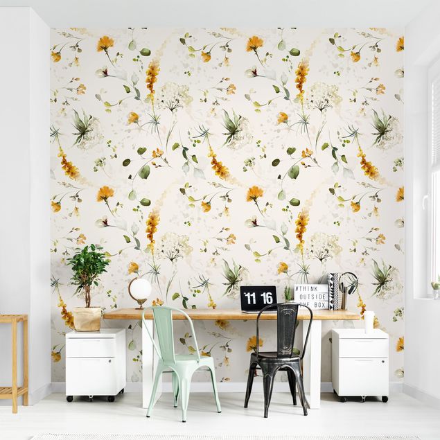 Wanddeko Büro Wildblumen Aquarell Muster auf Beige