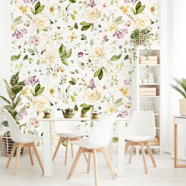 Wanddeko Schlafzimmer Wildblumen und Weiße Rosen Aquarell Muster