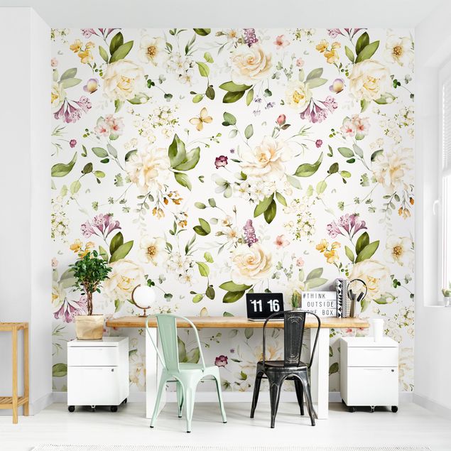 Wanddeko Büro Wildblumen und Weiße Rosen Aquarell Muster
