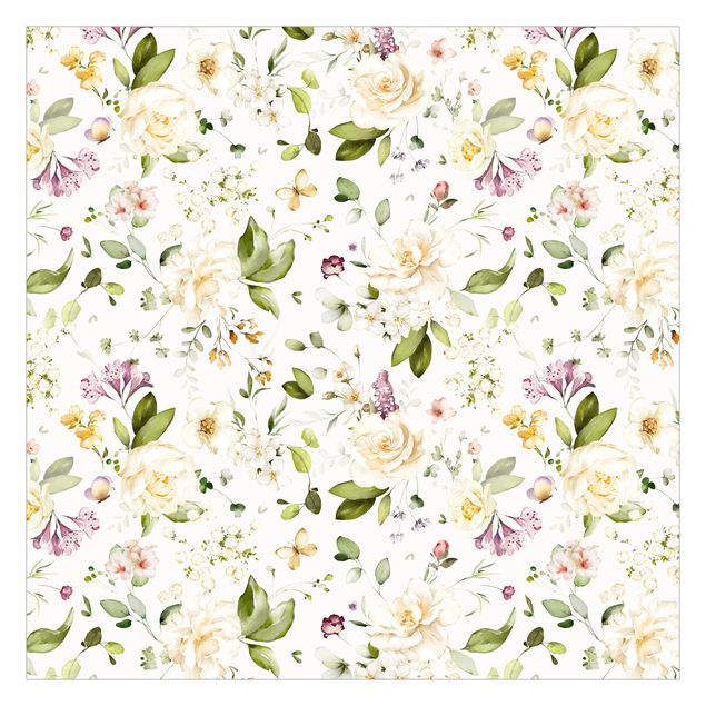 Wanddeko über Bett Wildblumen und Weiße Rosen Aquarell Muster
