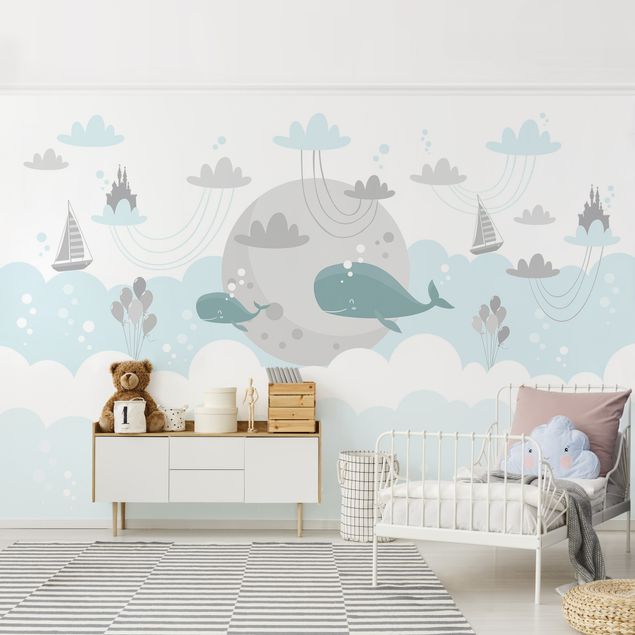 Wanddeko Babyzimmer Wolken mit Wal und Schloss