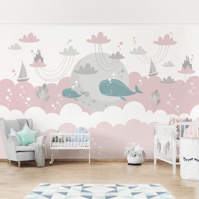 Kinderzimmer Deko Wolken mit Wal und Schloss Rosa