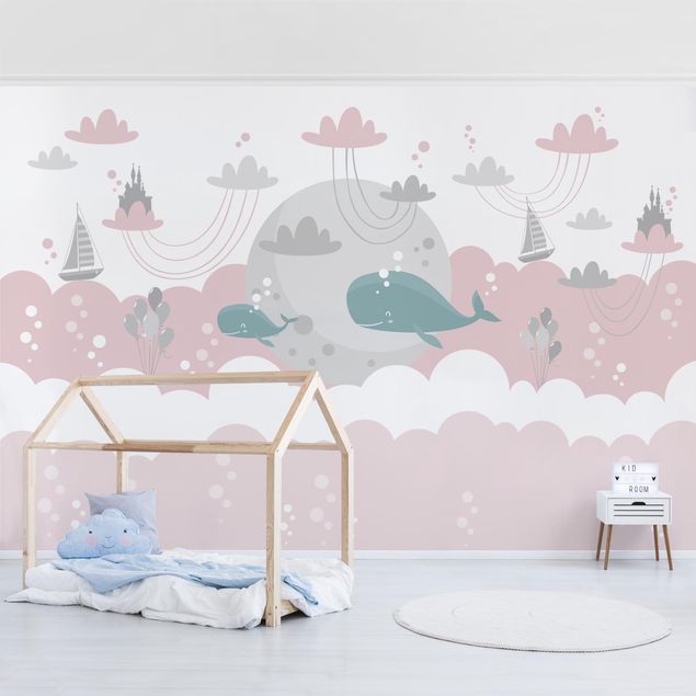 Wanddeko Büro Wolken mit Wal und Schloss Rosa