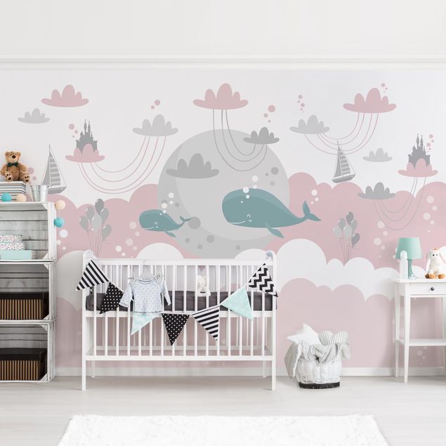Wanddeko Babyzimmer Wolken mit Wal und Schloss Rosa