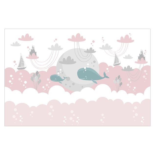 Wanddeko weiß Wolken mit Wal und Schloss Rosa