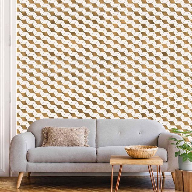 Wanddeko Wohnzimmer Würfel Muster in 3D Gold
