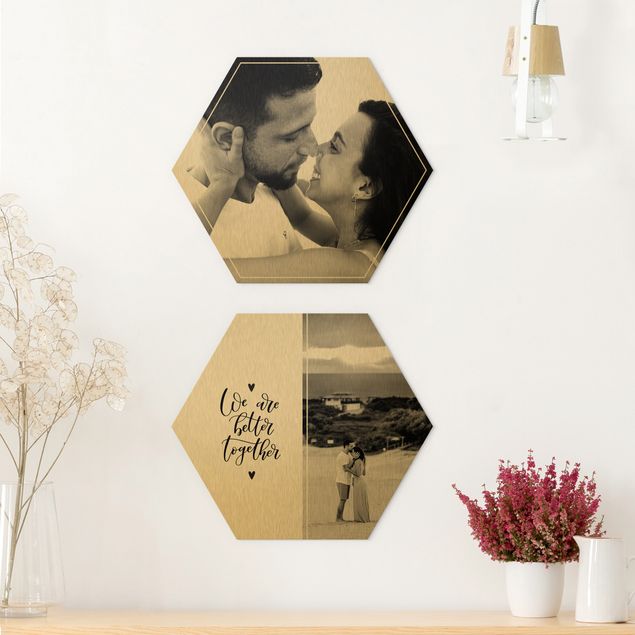 Wanddeko Schlafzimmer 2-teiliges Hexagon Bild Alu-Dibond gebürstet Gold selbst gestalten