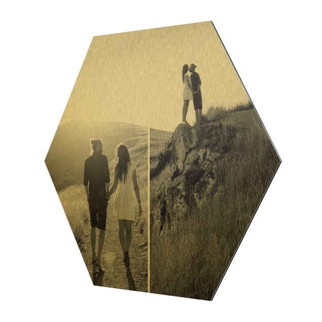 Wanddeko Esszimmer Hexagon Bild Alu-Dibond gebürstet Gold selbst gestalten