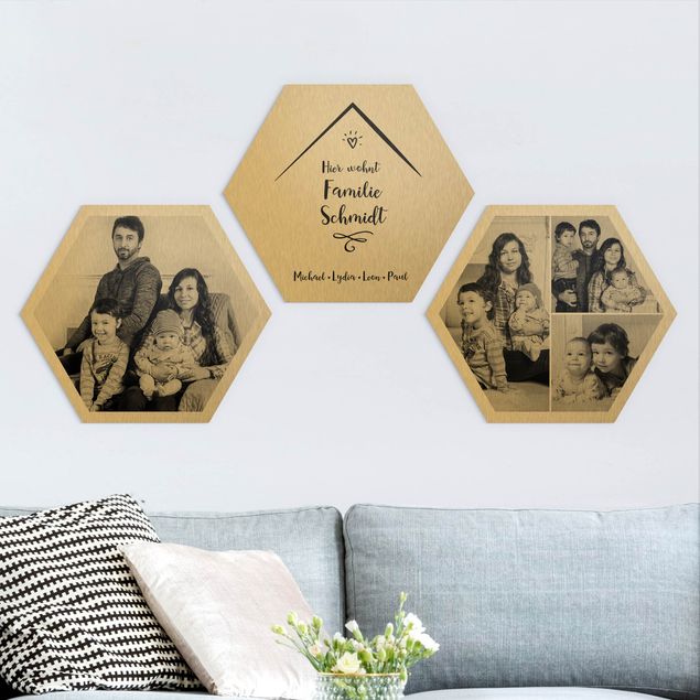 Deko Kinderzimmer 3-teiliges Hexagon Bild Alu-Dibond gebürstet Gold selbst gestalten