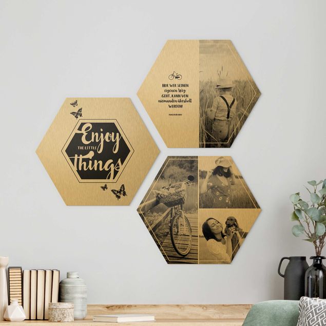 Wanddeko Schlafzimmer 3-teiliges Hexagon Bild Alu-Dibond gebürstet Gold selbst gestalten
