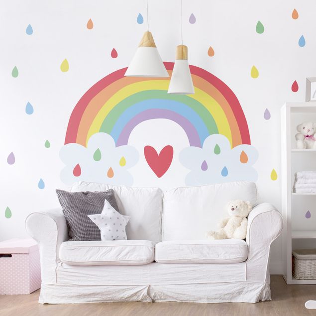 Wanddeko Babyzimmer XXL Regenbogen Herz Bunt