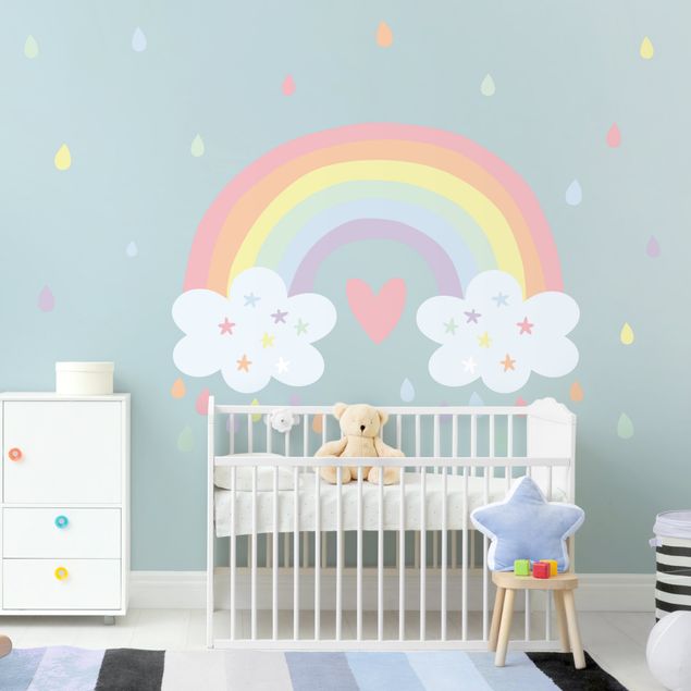 Wanddeko Babyzimmer XXL Regenbogen Herz Pastell