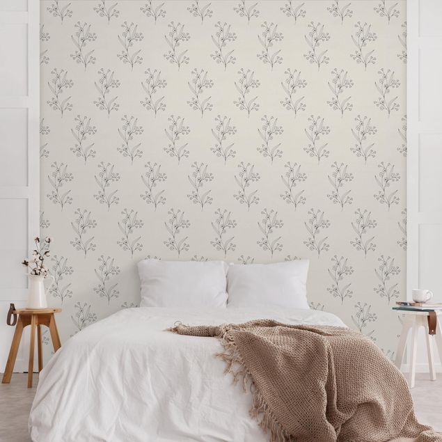 Wanddeko Schlafzimmer Zarte Blumenlinien in Grau
