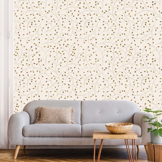Wanddeko Schlafzimmer Zarte Zweige Muster mit Punkten in Gold