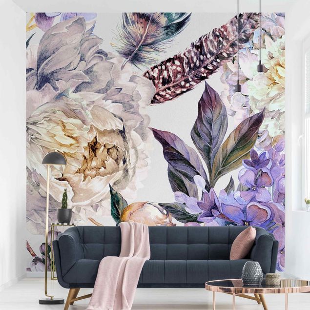 Wanddeko Wohnzimmer Zartes Aquarell Boho Blüten und Federn Muster