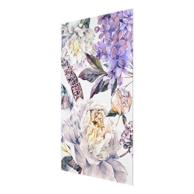 Wanddeko Büro Zartes Aquarell Boho Blüten und Federn Muster