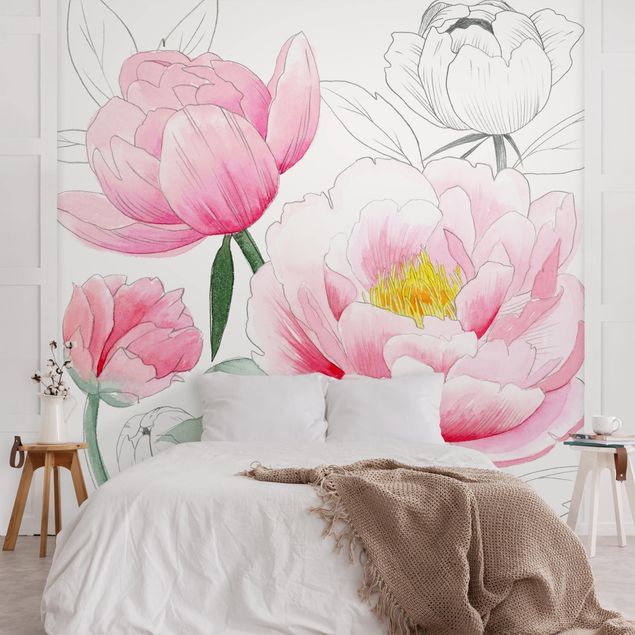Wanddeko Wohnzimmer Zeichnung Rosa Päonien I