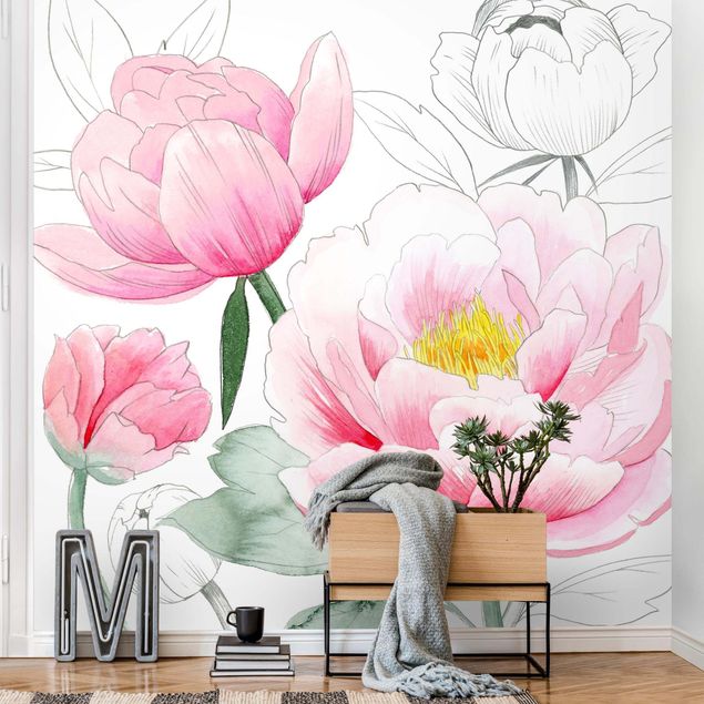 Wanddeko Schlafzimmer Zeichnung Rosa Päonien I