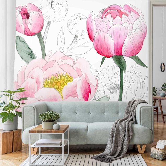 Wanddeko Schlafzimmer Zeichnung Rosa Päonien II